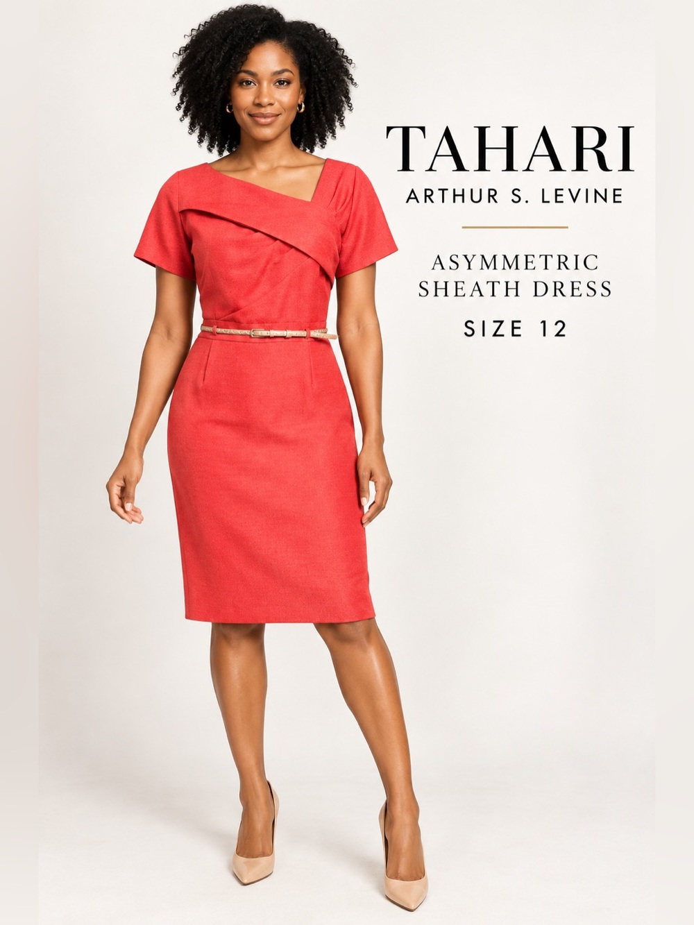 Tahari Arthur S. Levine Asymmetric Sheath Dress Coral Red Size 12